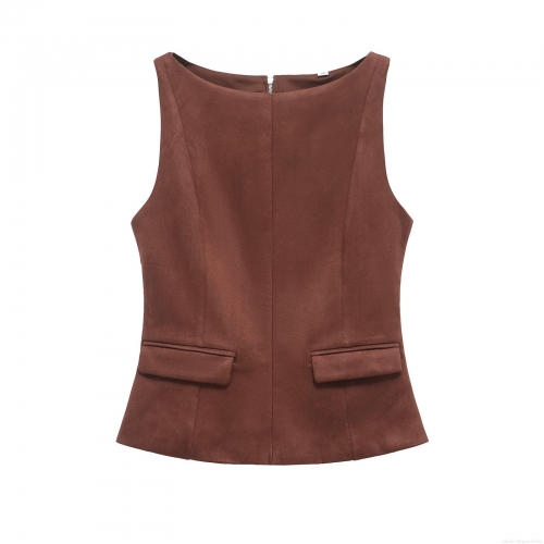 Women's Faux Suede Sleeveless Vest Top Solid Color Matte Texture With Back Zipper And Flap Pockets Streetwear Fashion Brown Tank Top For Women