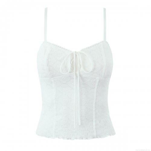 Women Sexy White Lace Camisole Lace Up Slim Fit Sleeveless Tank Top With Adjustable Straps Elegant Floral Hook Flower Crop Top For Summer Daily Party