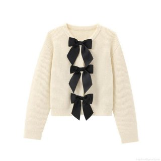 Women's Sweet Bow-Knot Knitted Cardigan 100% Polyester Crew Neck Long Sleeve Button Up Sweater Top Apricot Casual Knitwear For Women