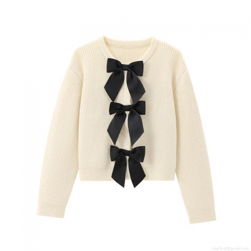 Women's Sweet Bow-Knot Knitted Cardigan 100% Polyester Crew Neck Long Sleeve Button Up Sweater Top Apricot Casual Knitwear For Women