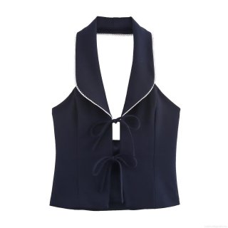 Women's Elegant Halter Neck Top With Bow Knot Slim Fit Polyester Sleeveless Vest Navy Blue Color Block Tank Top For Spring Summer Office Dating