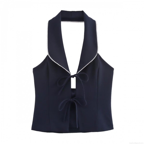 Women's Elegant Halter Neck Top With Bow Knot Slim Fit Polyester Sleeveless Vest Navy Blue Color Block Tank Top For Spring Summer Office Dating