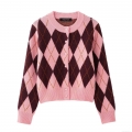 Women's Argyle Plaid Knit Cardigan Sweater Round Neck Long Sleeve Single Breasted Knitted Jacket Outerwear Pink Streetwear Vintage Fashion Top