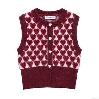 Women's Sweet Heart Jacquard Knitted Vest Short Crew Neck Button Down Gilet Heart Pattern Soft Sleeveless Sweater Cardigan For Spring Streetwear