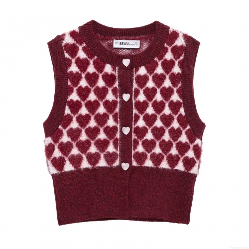 Women's Sweet Heart Jacquard Knitted Vest Short Crew Neck Button Down Gilet Heart Pattern Soft Sleeveless Sweater Cardigan For Spring Streetwear