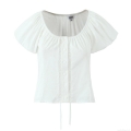 Women Sexy White Puff Sleeve Blouse Top With Lace Trim And Drawstring Tie Back Summer Off Shoulder Slim Cotton Short Sleeve Shirt For Women