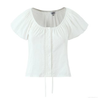 Women Sexy White Puff Sleeve Blouse Top With Lace Trim And Drawstring Tie Back Summer Off Shoulder Slim Cotton Short Sleeve Shirt For Women