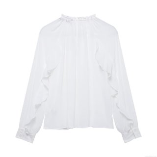 Women Elegant Solid Color Ruffle Chiffon Shirt Long Sleeve Tiered Stand Collar Blouse For Office Work Party Casual Wear 100 Percent Polyester