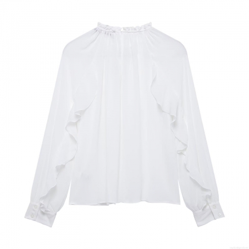 Women Elegant Solid Color Ruffle Chiffon Shirt Long Sleeve Tiered Stand Collar Blouse For Office Work Party Casual Wear 100 Percent Polyester