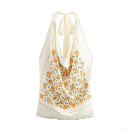 Women's Elegant Polyester Satin Floral Print Halter Neck Top Sleeveless Bow Tie Backless Scarf Hem Blouse for Summer Vacation Party