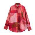 Women's Geometric Print Satin Blouse Long Sleeve Single Breasted Loose Fit Streetwear Shirt Red Pink Multicolor Fashion Top