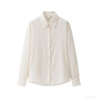 Women's Long Sleeve Blouse 100% Polyester Sequin Textured Vertical Stripe 3D Dot Shirt Elegant Turn-down Collar Loose Fit Single Breasted Top