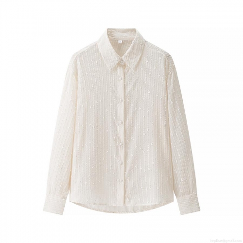 Women's Long Sleeve Blouse 100% Polyester Sequin Textured Vertical Stripe 3D Dot Shirt Elegant Turn-down Collar Loose Fit Single Breasted Top