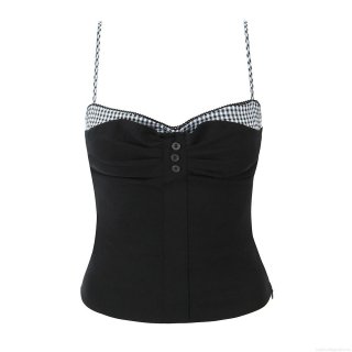Women's Slim Fit Camisole Tank Top Polyester Gingham Contrast Splicing Spaghetti Strap Button Decor Streetwear Sexy Summer Vest Top