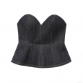 Women's Sexy Dark Blue Denim Peplum Tube Top Sweetheart Neck Back Zipper Corset Contrast Stitching Strapless Slim Fit Crop Top Summer Fashion Streetwear Women