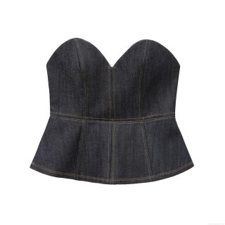 Women's Sexy Dark Blue Denim Peplum Tube Top Sweetheart Neck Back Zipper Corset Contrast Stitching Strapless Slim Fit Crop Top Summer Fashion Streetwear Women