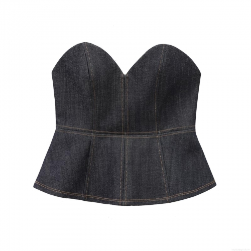Women's Sexy Dark Blue Denim Peplum Tube Top Sweetheart Neck Back Zipper Corset Contrast Stitching Strapless Slim Fit Crop Top Summer Fashion Streetwear Women