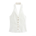 Women Sexy Halter Backless Tank Top White Lapel Blazer Vest With Gold Buttons Summer Hot Girl Slim Fit Streetwear Top Polyester