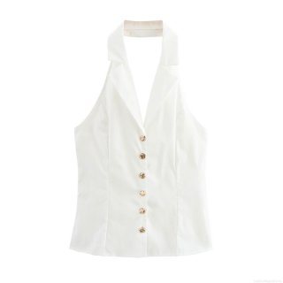 Women Sexy Halter Backless Tank Top White Lapel Blazer Vest With Gold Buttons Summer Hot Girl Slim Fit Streetwear Top Polyester