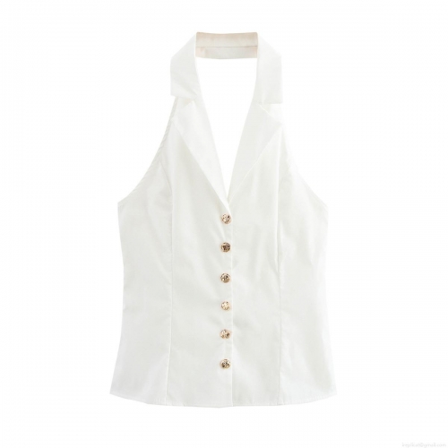 Women Sexy Halter Backless Tank Top White Lapel Blazer Vest With Gold Buttons Summer Hot Girl Slim Fit Streetwear Top Polyester