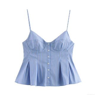 Women's Striped Spaghetti Strap Cami Top With Front Buttons V Neck Pleated Peplum Hem Slim Fit Poplin Streetwear Summer Blue Brown Sleeveless Tank Top