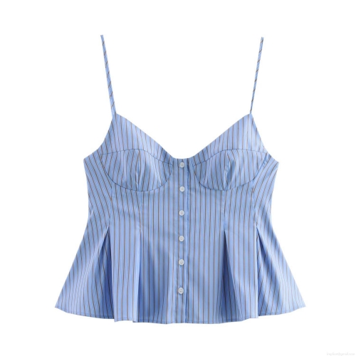 Women's Striped Spaghetti Strap Cami Top With Front Buttons V Neck Pleated Peplum Hem Slim Fit Poplin Streetwear Summer Blue Brown Sleeveless Tank Top