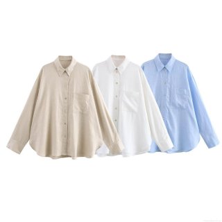 Women's Casual Loose Linen Shirt Long Sleeve Button Down Solid Color Blouse With Pocket For Spring Summer Streetwear Ladies Tops