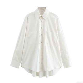 Women's Loose Long Sleeve Polyester Shirt Lapel Button Down Blouse With Pockets Casual Streetwear Solid White Top