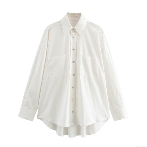 Women's Loose Long Sleeve Polyester Shirt Lapel Button Down Blouse With Pockets Casual Streetwear Solid White Top