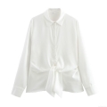 Elegant Women's White Polyester Satin Blouse Long Sleeve Lapel Button Down Shirt With Front Tie-Knot Detail Chic Street Style Casual Tops For Women