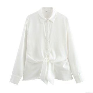 Elegant Women's White Polyester Satin Blouse Long Sleeve Lapel Button Down Shirt With Front Tie-Knot Detail Chic Street Style Casual Tops For Women