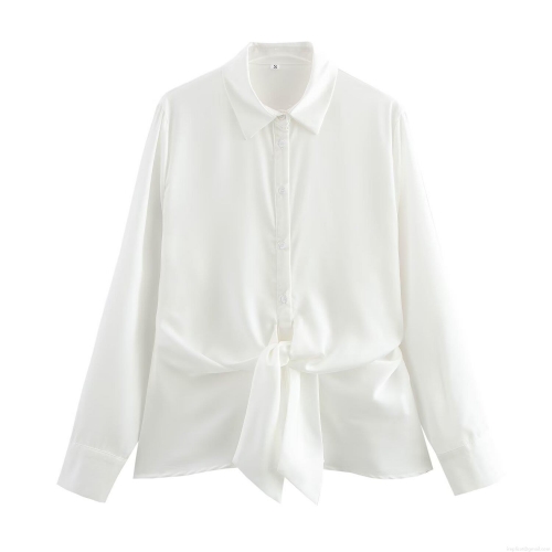 Elegant Women's White Polyester Satin Blouse Long Sleeve Lapel Button Down Shirt With Front Tie-Knot Detail Chic Street Style Casual Tops For Women
