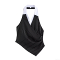 Women's Striped Halter Top Patchwork V-Neck Backless Vest Irregular Hem Slim Fit Urban Streetwear Sleeveless Polyester Blouse Summer Casual Top