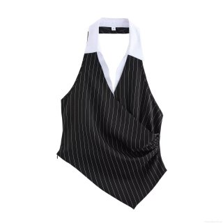 Women's Striped Halter Top Patchwork V-Neck Backless Vest Irregular Hem Slim Fit Urban Streetwear Sleeveless Polyester Blouse Summer Casual Top