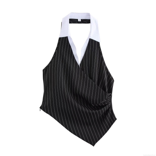 Women's Striped Halter Top Patchwork V-Neck Backless Vest Irregular Hem Slim Fit Urban Streetwear Sleeveless Polyester Blouse Summer Casual Top
