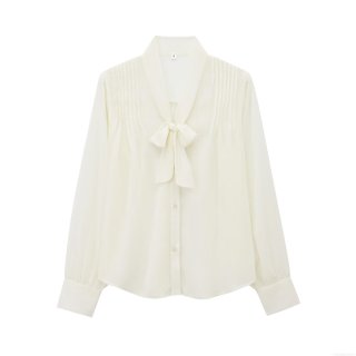 Elegant Women's 100% Polyester Chiffon Blouse V Neck Bow Tie Long Sleeve Pleated Button Down Shirt Office Casual White Streetwear Tops