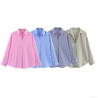 French Vintage Striped Poplin Shirt Women Long Sleeve Button Down Loose Fit Blouse Office Casual Streetwear Polyester Tops