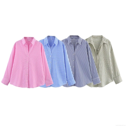 French Vintage Striped Poplin Shirt Women Long Sleeve Button Down Loose Fit Blouse Office Casual Streetwear Polyester Tops