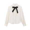 Women's 100% Polyester Long Sleeve White Blouse Lapel Shirt With Contrast Black Bow And Pleated Detail Fashion Elegant Party Top For Ladies
