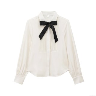Women's 100% Polyester Long Sleeve White Blouse Lapel Shirt With Contrast Black Bow And Pleated Detail Fashion Elegant Party Top For Ladies