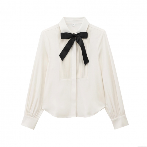 Women's 100% Polyester Long Sleeve White Blouse Lapel Shirt With Contrast Black Bow And Pleated Detail Fashion Elegant Party Top For Ladies