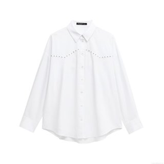 Women's Fashion Poplin Studded Lapel Loose Long Sleeve White Shirt With Metal Rivets Streetwear Blouse Top