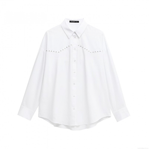 Women's Fashion Poplin Studded Lapel Loose Long Sleeve White Shirt With Metal Rivets Streetwear Blouse Top