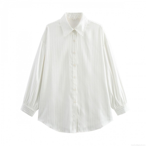 Women's White Vertical Striped Long Sleeve Shirt Lightweight Polyester Lapel Loose Button Up Blouse For Summer Casual Streetwear Daily Commuting