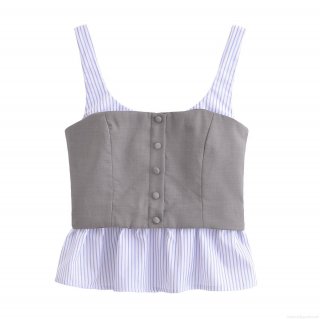 Women's Striped Patchwork Camisole Sleeveless Fake Two Piece Top With Buttons Grey Blue White Polyester Vest For Summer Daily Streetwear Fashion