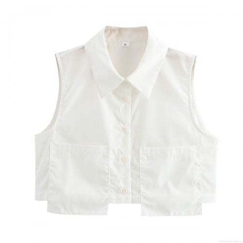 Women's White Sleeveless Blouse Lapel Short Top 100% Polyester Double Pocket Button Down Shirt For Summer Daily Streetwear Fashion
