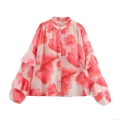 Women's Sweet Chiffon Floral Print Blouse European Style Ruffle Stand Collar Long Sleeve Button Down Casual Shirt Top Spring Fashion Clothing