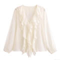 Women's Fashion V Neck Ruffle Long Sleeve Polyester Shirt Elegant Solid Color Button Up Casual Blouse Tops for Spring Summer Office Streetwear