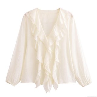 Women's Fashion V Neck Ruffle Long Sleeve Polyester Shirt Elegant Solid Color Button Up Casual Blouse Tops for Spring Summer Office Streetwear
