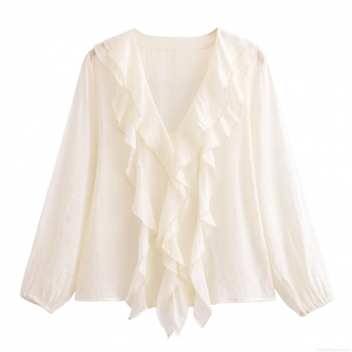Women's Fashion V Neck Ruffle Long Sleeve Polyester Shirt Elegant Solid Color Button Up Casual Blouse Tops for Spring Summer Office Streetwear